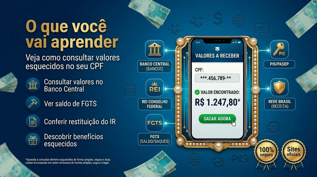 O que você vai aprender: consultar valores no Banco Central, ver saldo de FGTS, conferir restituição do IR e descobrir benefícios esquecidos