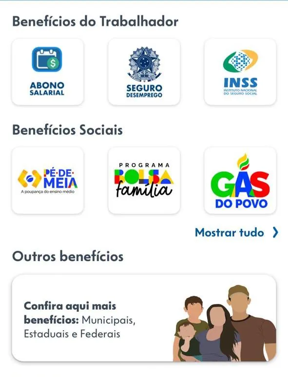Benefícios federais disponíveis: Abono Salarial, Seguro Desemprego, INSS, Pé de Meia, Bolsa Família, Gás do Povo e outros